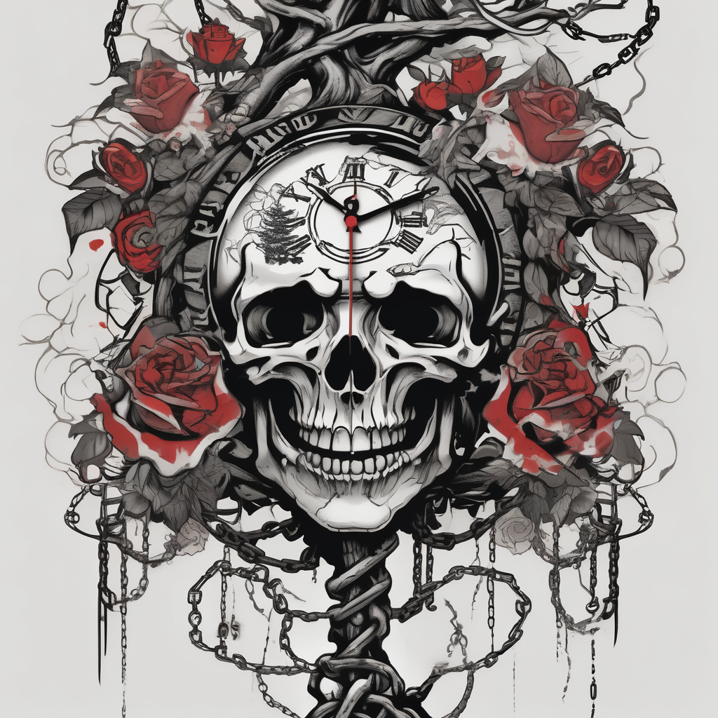 tattoo fool sleeve, tree roots break out of the chains, broken mask, clock with flying numbers, girl and skull, roses hello kitty tattoo, AI-generated Japanese tattoo design